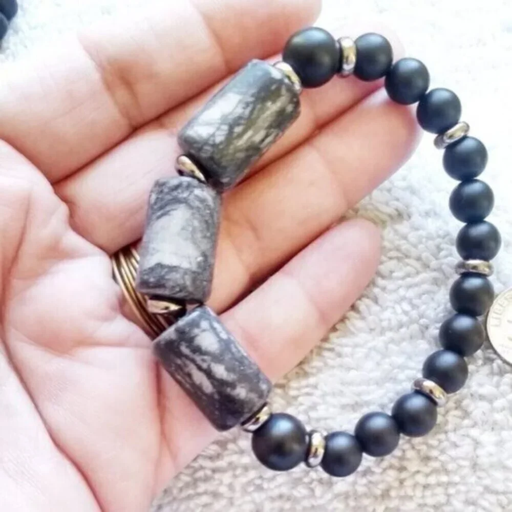 Chunky & Masculine! Black + Gray Jasper Stretch Bracelet - Grunge Goth Punk
